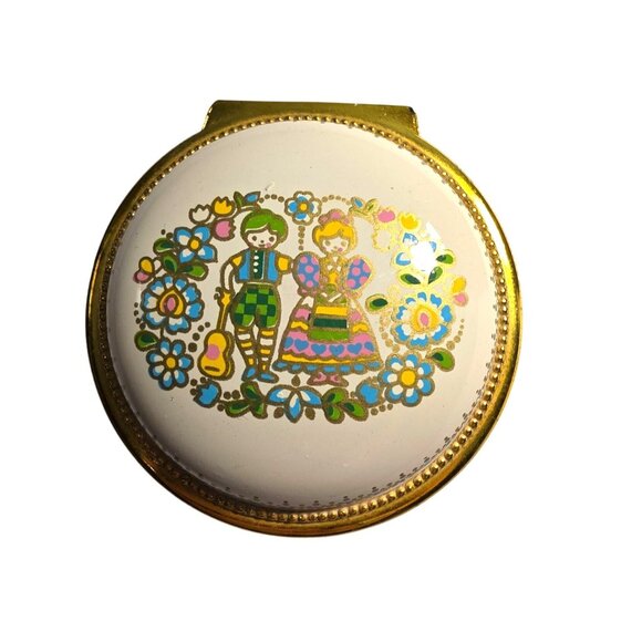 Vtg Round Enamel Brass Trinket music Box Folk Art made in Japan cottagecore - Picture 1 of 6